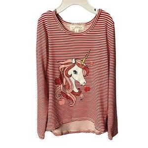 BTWEEN Girls Short‎ Sleeve Red/White Stripe Unicorn Sparkles Shirt Top Size 5